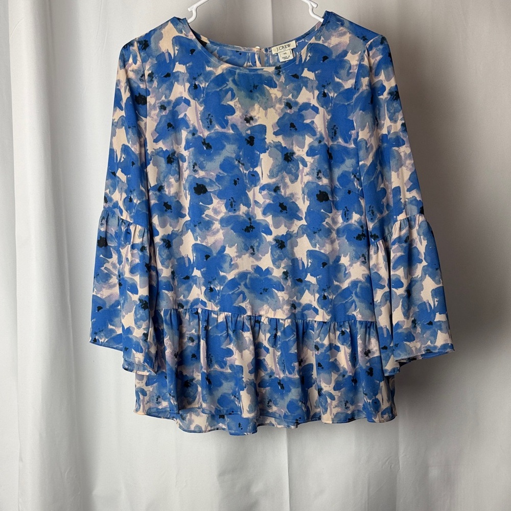 J. Crew Blue and Cream Floral Ruffle-Hem Blouse